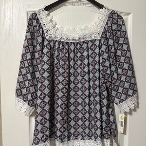 New Directions Navy and Pink Patterned Blouse with White Lace